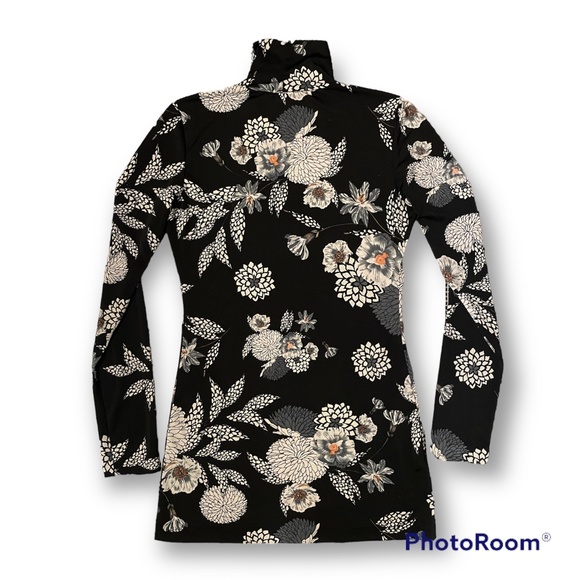 FREDA'S 🇨🇦 CANADIAN MADE Flower Print Black Stretch Mock Neck L/S Top Blouse - Picture 4 of 8